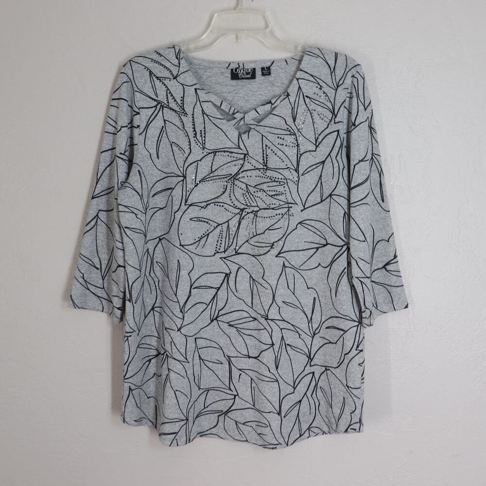 Onque Casual Top Women L Gray Black Bling Leaf Stretch Vneck 3/4 Sleeve